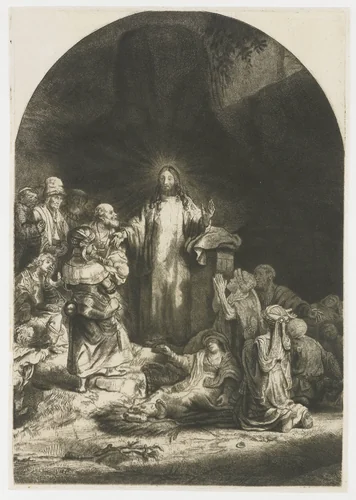 The Hundred Guilder Print: the central piece with Christ preaching, the plate arched by Rembrandt van Rijn, print, 1775-1800