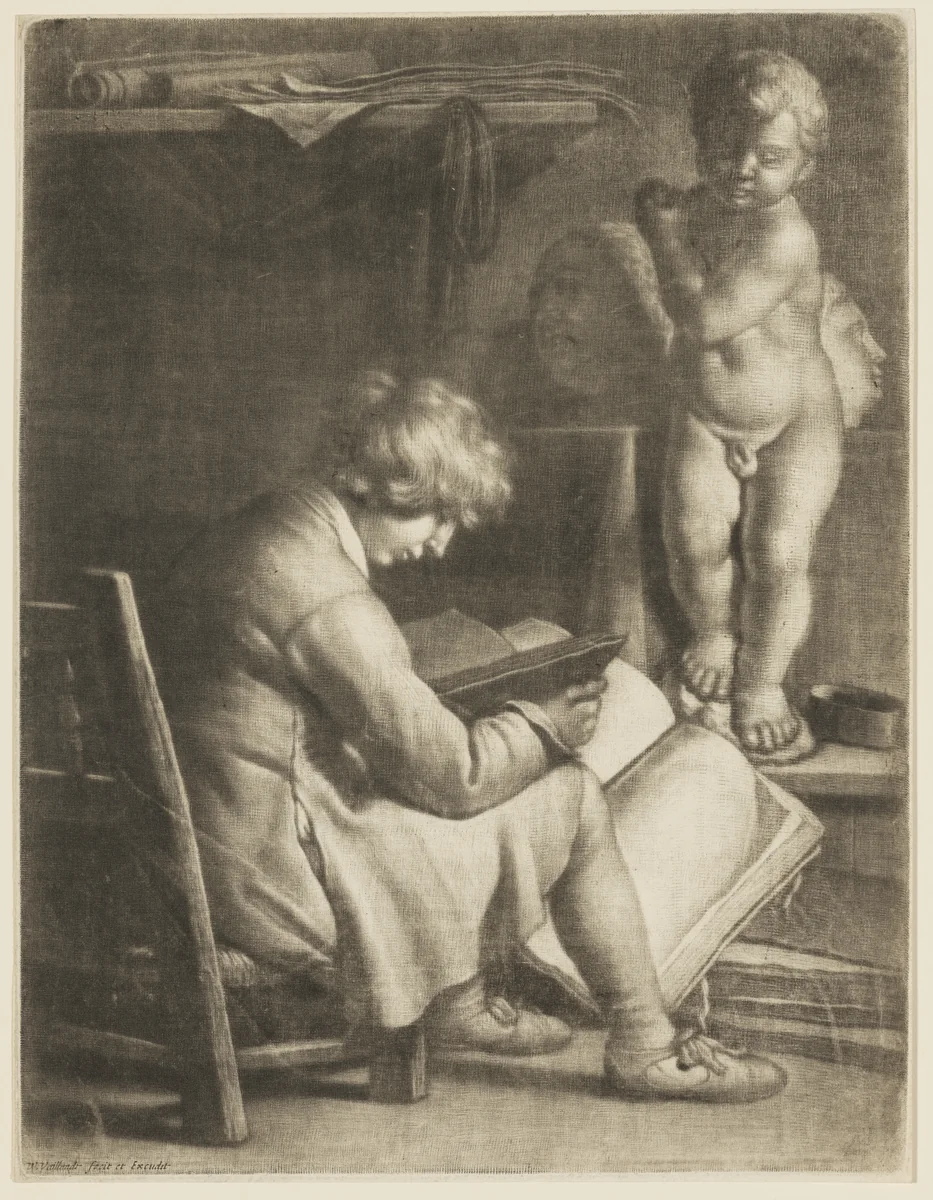 Boy Seated in a Studio, a plaster cast of the Christ-child in front of him by Wallerant Vaillant, print, 1635-1677