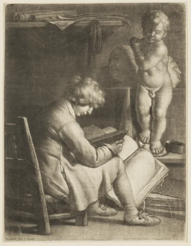 Boy Seated in a Studio, a plaster cast of the Christ-child in front of him by Wallerant Vaillant, print, 1635-1677