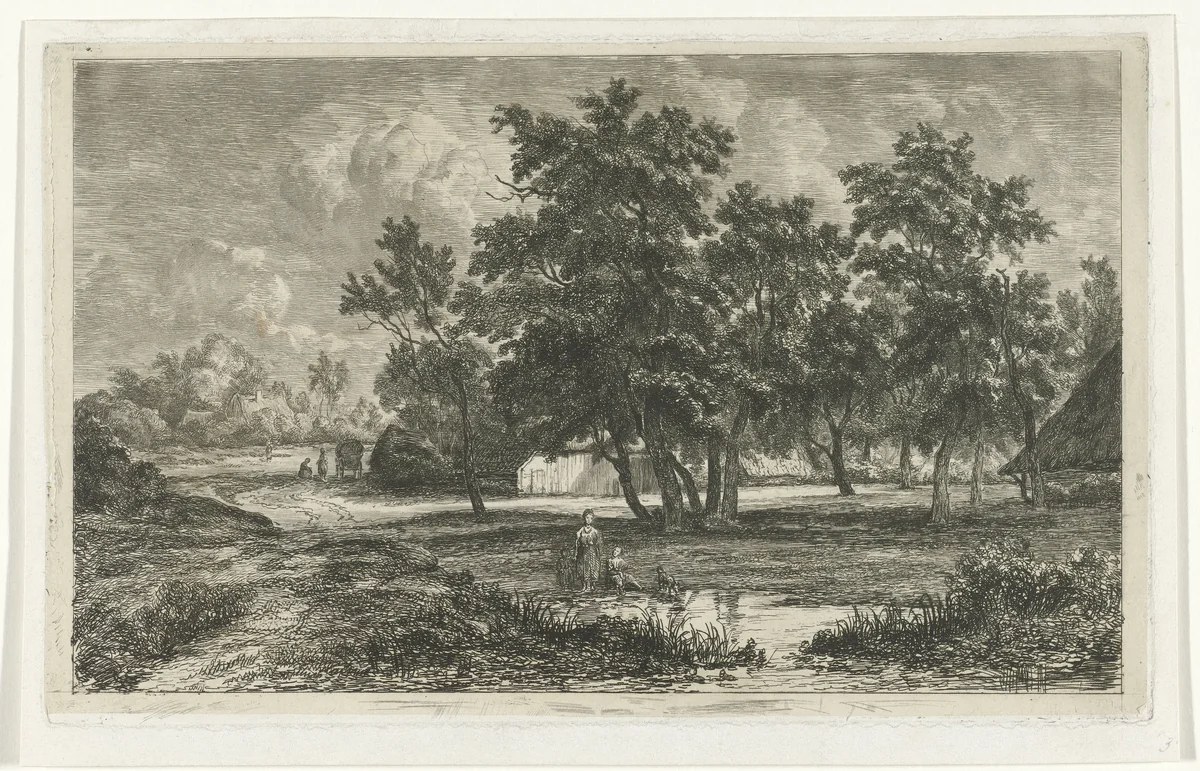 Landschap met boerderij tussen de bomen by Christiaan Immerzeel, print, 1818-1886