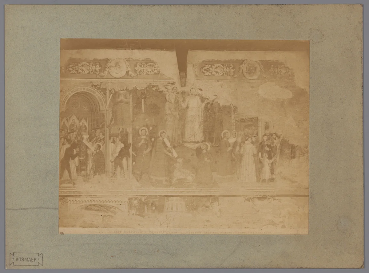 Fotoreproductie van het fresco De verzoeking en vervolging van Renier van Pisa naar Andrea da Firenze in het Camposanto te Pisa, Italië by Fratelli Alinari, photograph, 1857-1900
