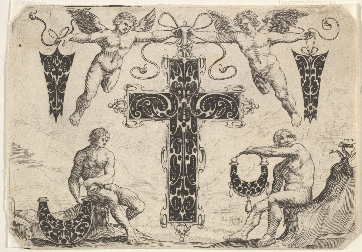 Cross-shaped Pendant and Four Other Motifs by Giovanni Battista Costantini, print, 1622