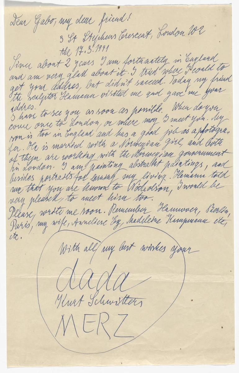 Letter to Naum Gabo by Kurt Schwitters, design, 1941