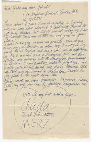 Letter to Naum Gabo by Kurt Schwitters, design, 1941