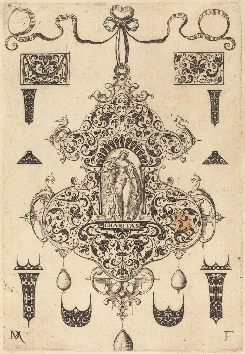 Large Pendant, Charity Standing at Centre by Daniel Mignot, print, 1593