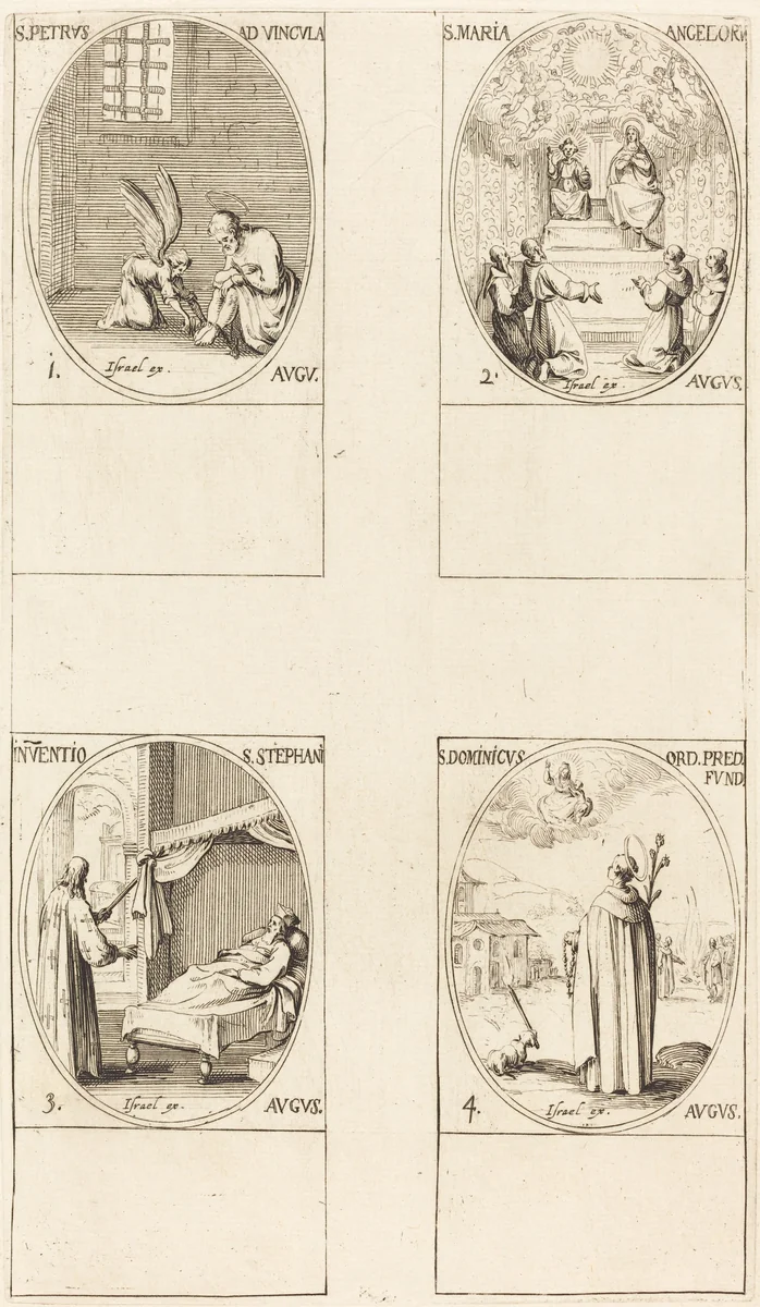 St. Peter, Apostle; St. Mary of Angels; Discovery of the Body of St. Stephen; St. Dominicus by Jacques Callot, print, 1627-1637