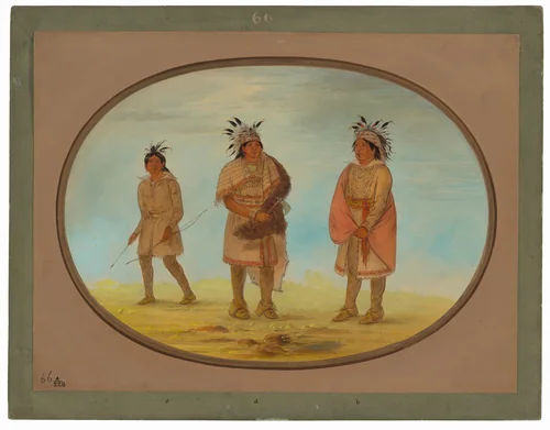 Two Weeah Warriors and a Woman by George Catlin, painting, 1861-1869
