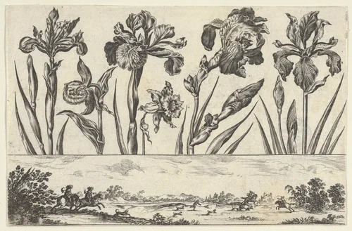 Horizontal Panel with a Row of Flowers Above a Frieze with a Hunting Scene in a Landscape, from "Livre Nouveau de Fleurs Tres-Util" by Nicolas Cochin, print, 1645