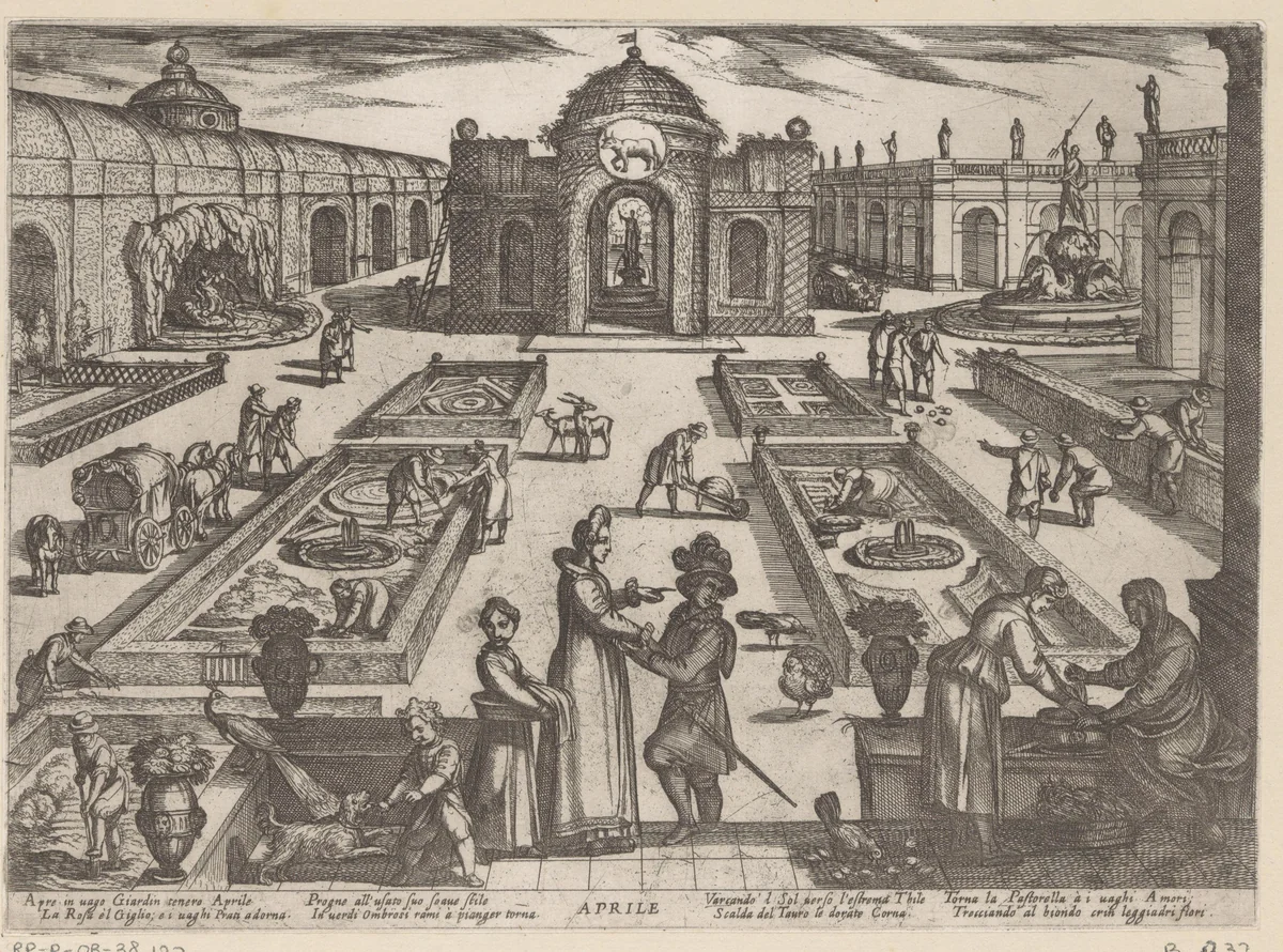 April: een tuin (stier) by Antonio Tempesta, print, 1599