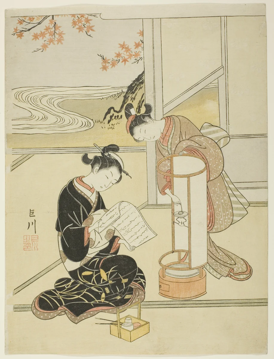 The Evening Glow of a Lamp (Andon no sekisho), from the series "Eight Views of the Parlor (Zashiki hakkei)" by Suzuki Harunobu (鈴木春信), print, 1761-1771