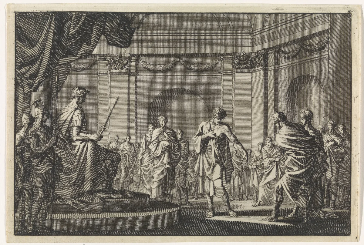 Antipater toont Caesar zijn wonden by Jan Luyken, print, 1704