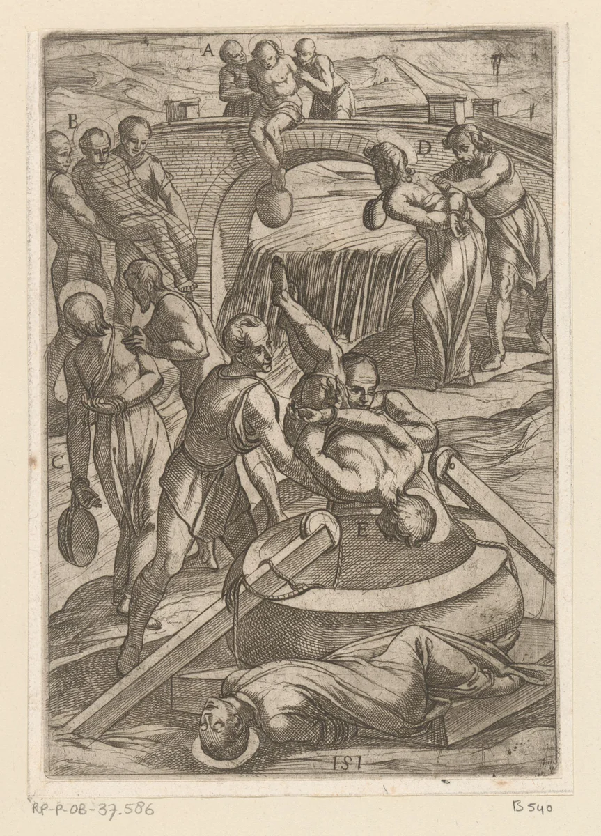 Foltering: van een brug afgooien en in een put laten vallen by Antonio Tempesta, print, 1565-1630