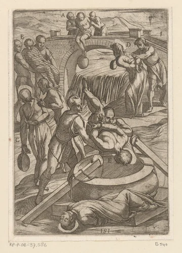 Foltering: van een brug afgooien en in een put laten vallen by Antonio Tempesta, print, 1565-1630