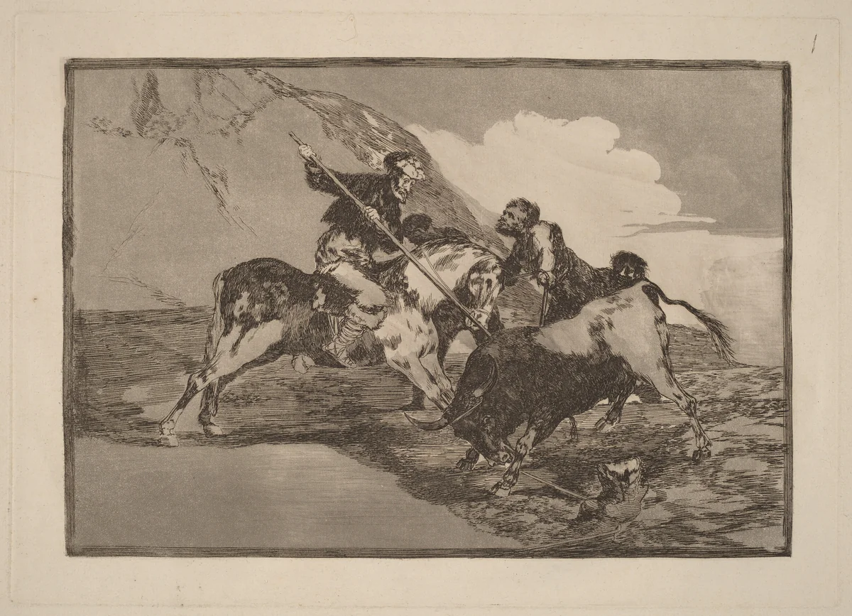 Modo con que los antiguos Espanoles cazaban los toros a caballo en el campo (The Way in which the Ancient Spaniards Hunted Bulls on Horseback in the Open Country) by Francisco Goya, portfolio, 1816