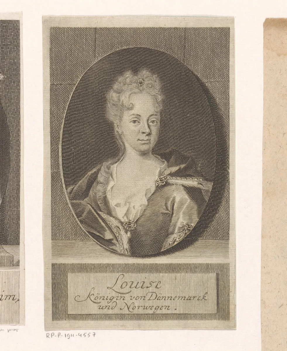 Portret van Louise, koningin van Denemarken by Martin Bernigeroth, print, 1720