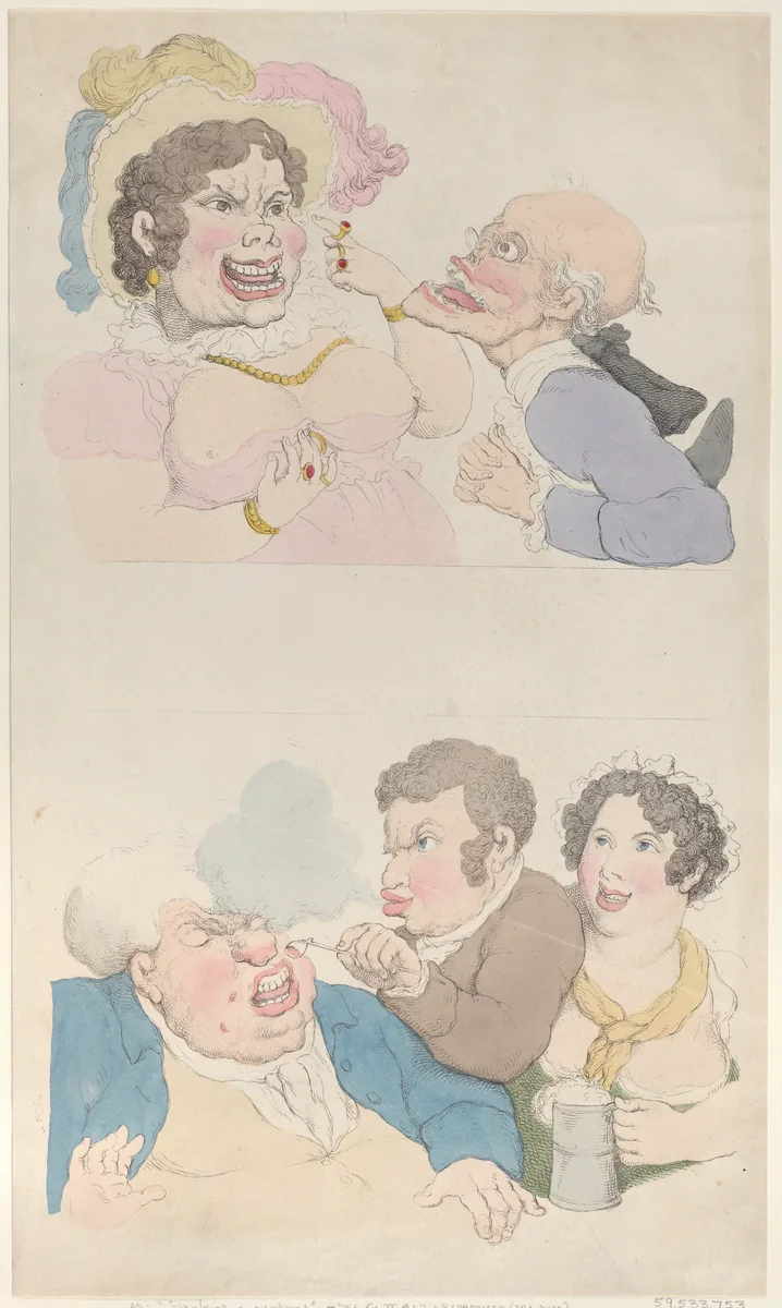 A Man Enticed by a Woman; and Smoking a Customer by Thomas Rowlandson, print, 1800