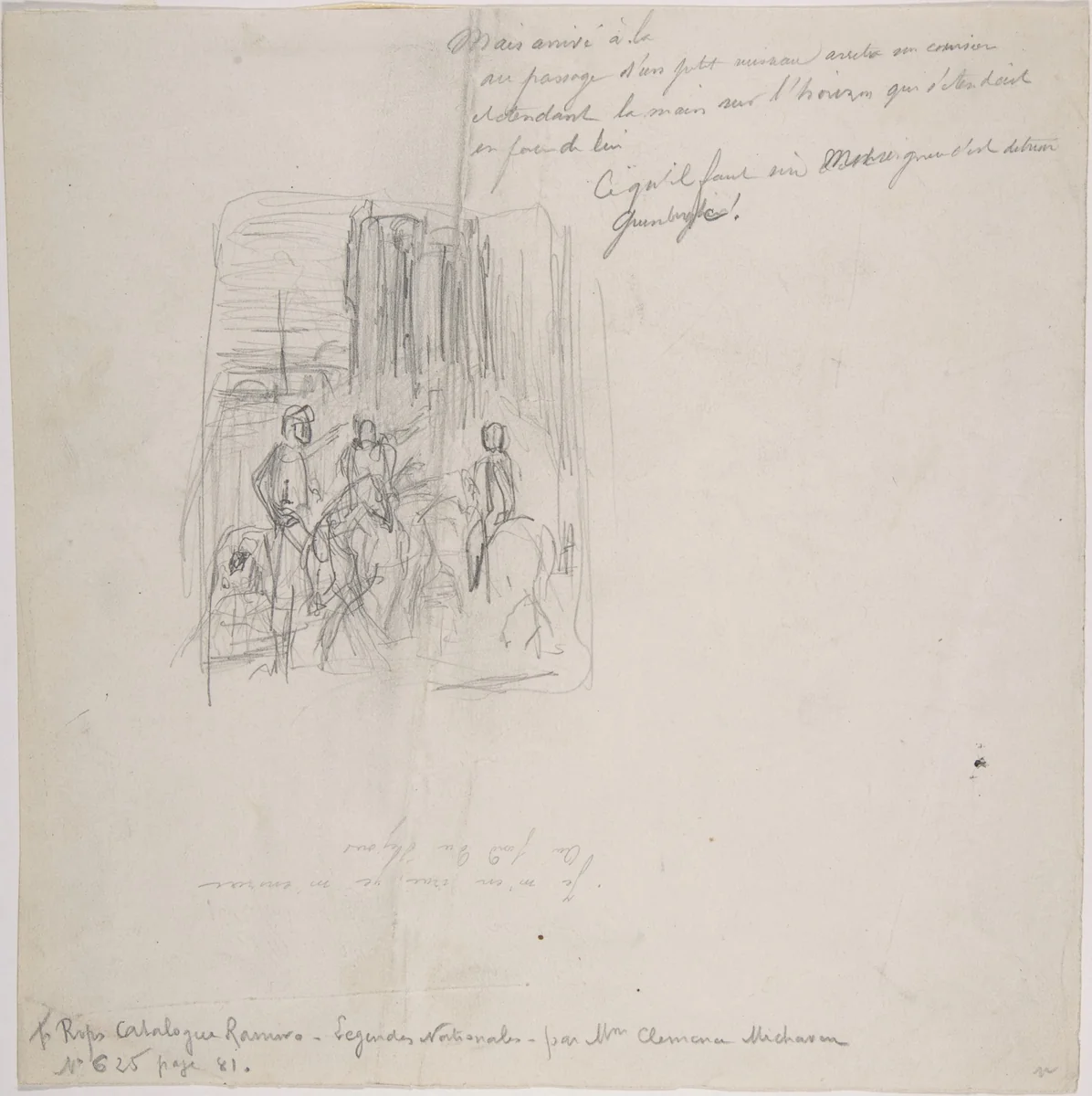 Three figures on horseback with indications at right by Félicien Rops, drawing, 1833-1898