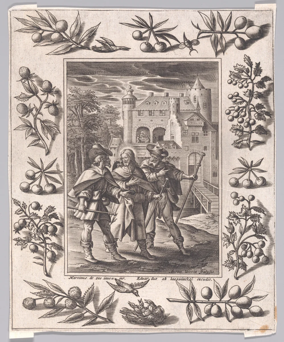 Christ on the way to Emmaus [Mark 16:12] by Maerten de Vos, print, 1579-1589