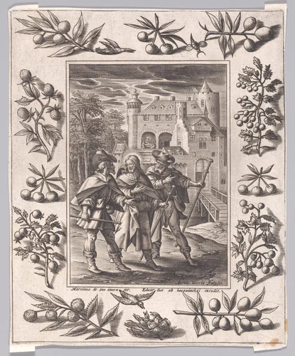 Christ on the way to Emmaus [Mark 16:12] by Maerten de Vos, print, 1579-1589