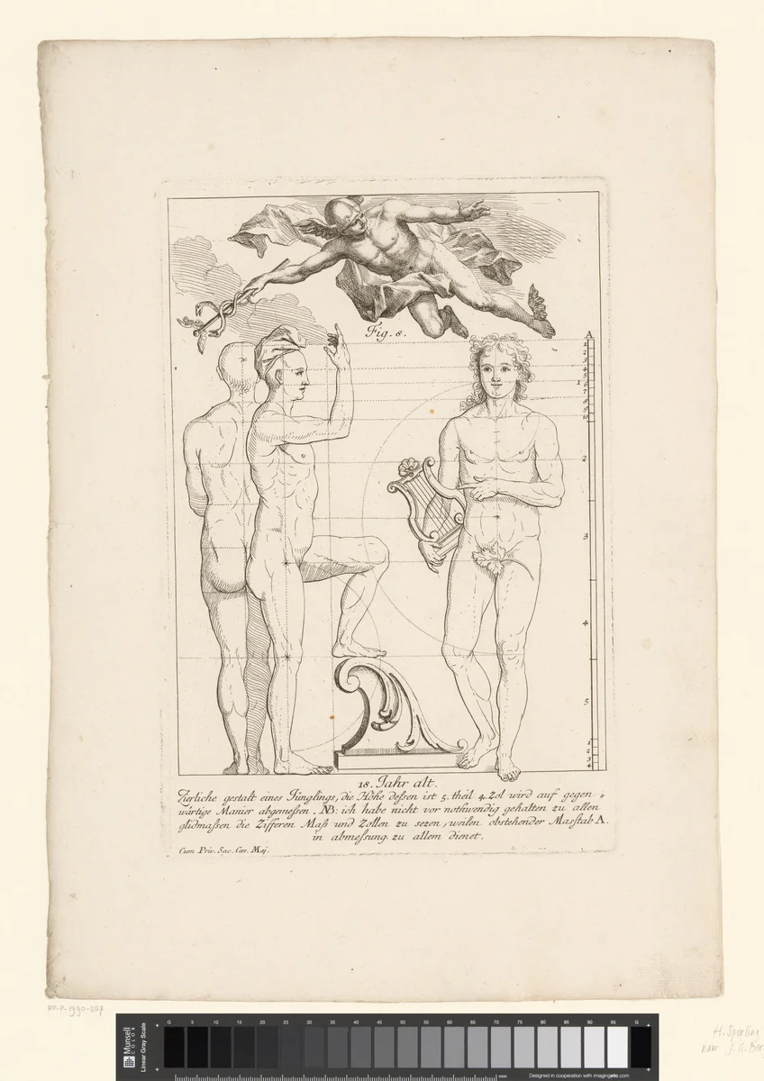 Drie aanzichten van een achttienjarig mannelijk lichaam en Mercurius by Hieronymus Sperling, print, 1723