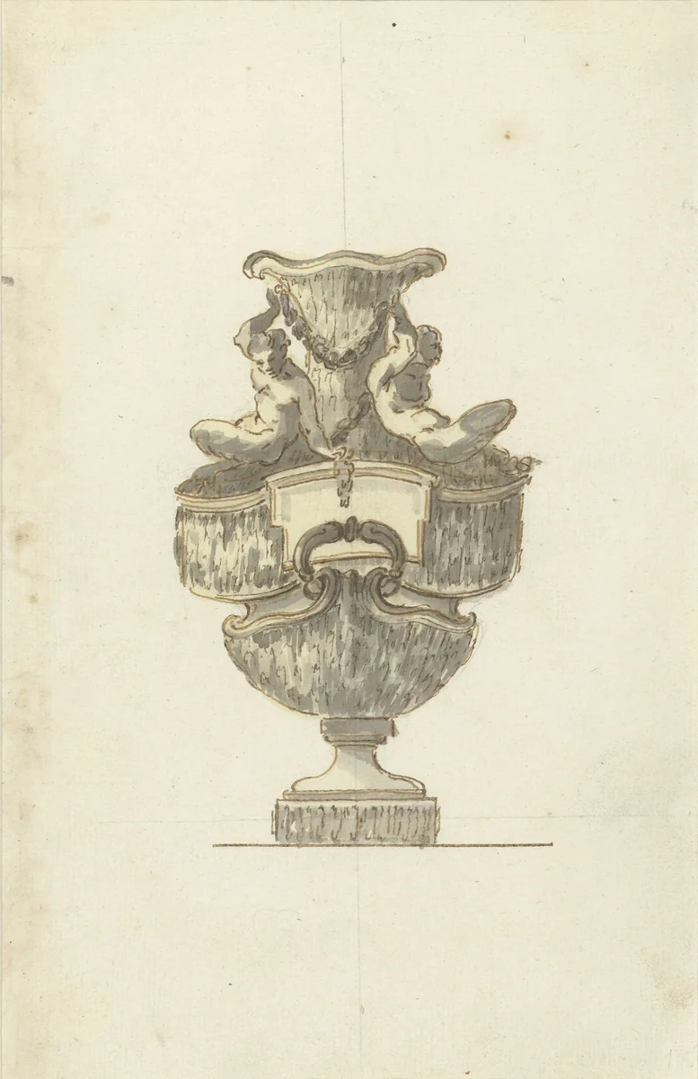 Monumentale siervaas met twee faunen by anonymous, drawing, 1700-1800