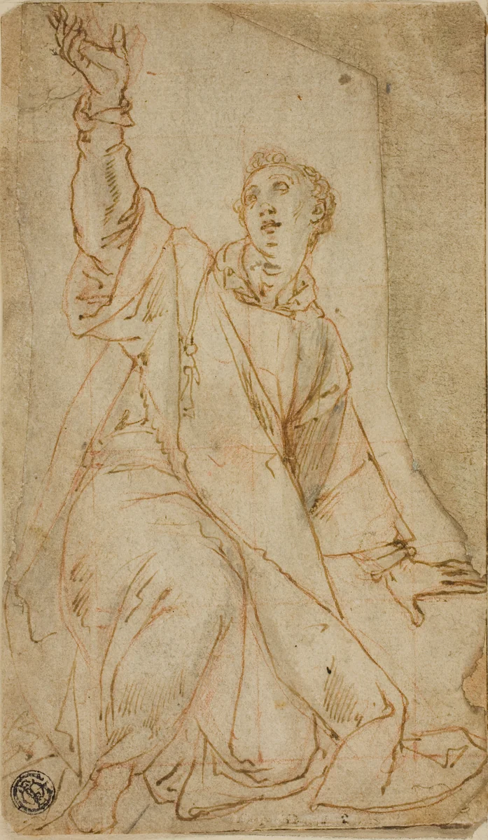 Kneeling Saint Stephen with Upraised Right Arm by Sabatini, drawing, 1550-1576
