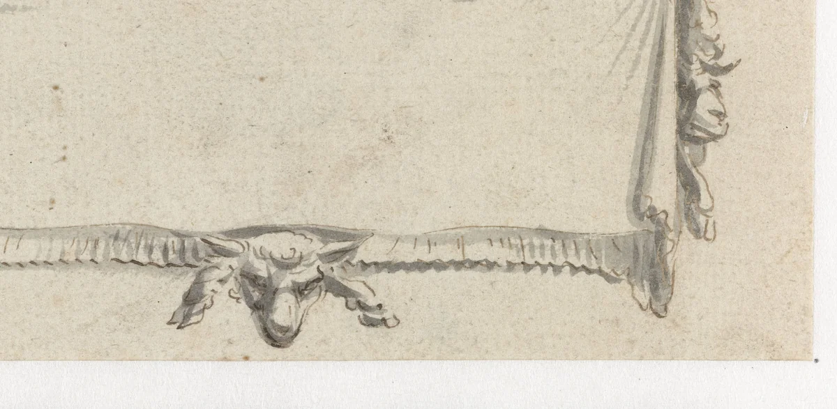 Rechthoekige cartouche met ramskoppen by Pieter Jansz, drawing, 1630-1672
