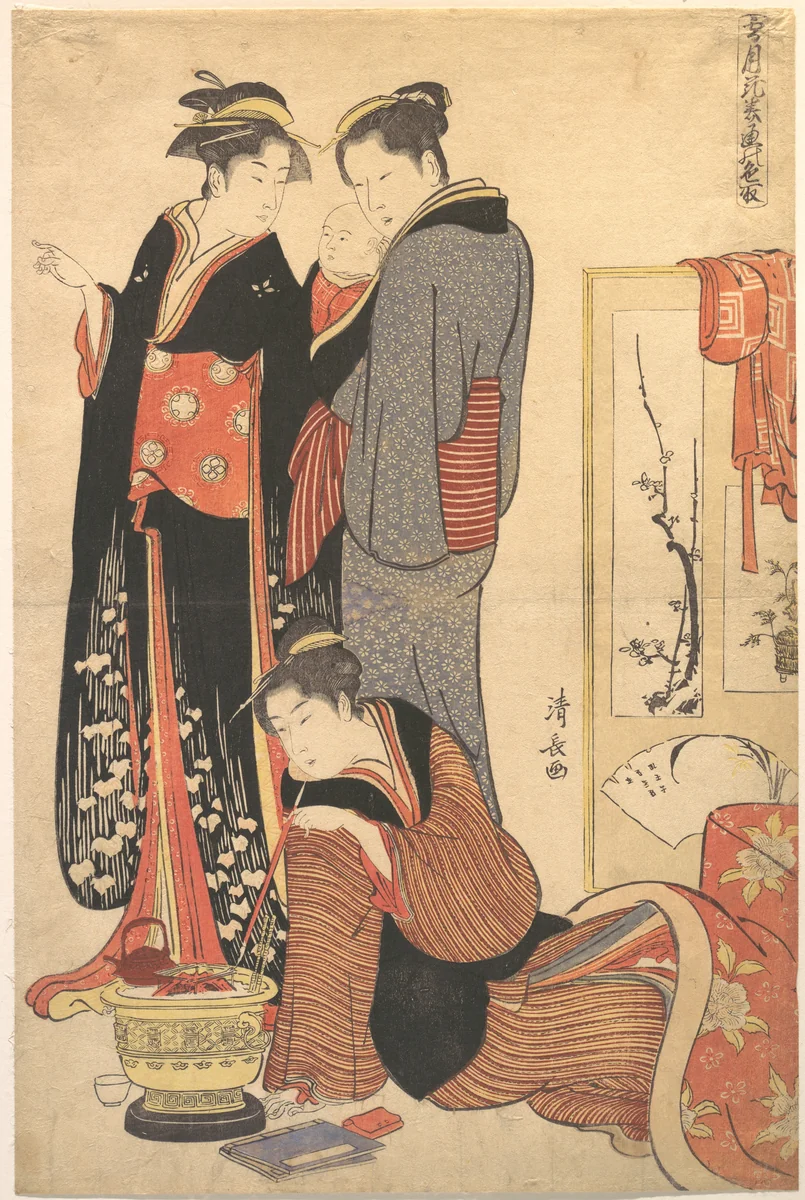 Two Women Standing, Holding a Child by Torii Kiyonaga (鳥居清長), print, 1775-1795