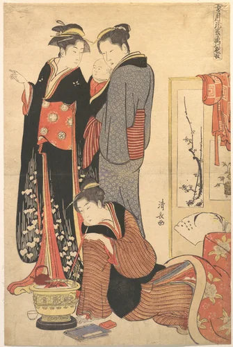 Two Women Standing, Holding a Child by Torii Kiyonaga (鳥居清長), print, 1775-1795