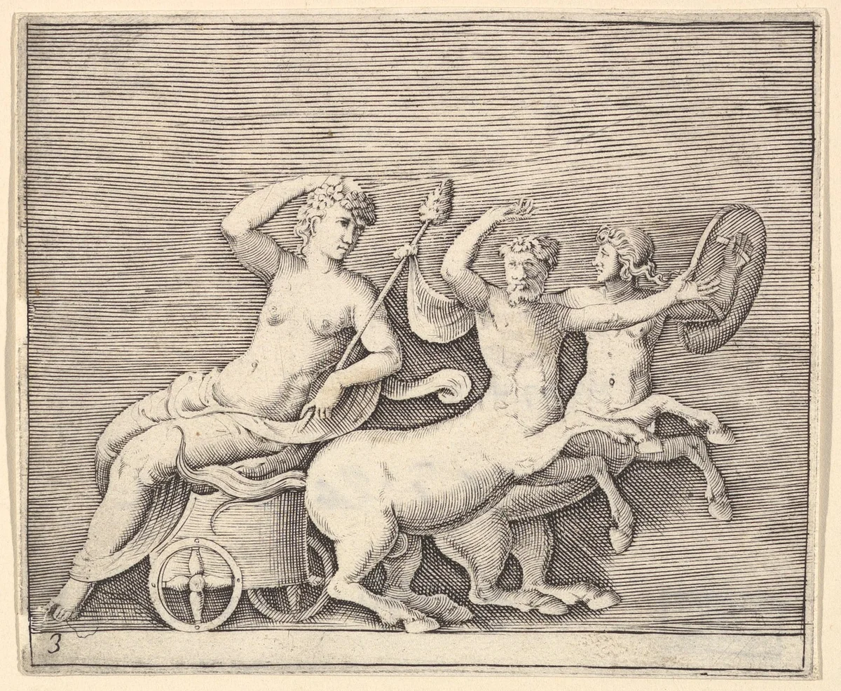 Reclining Female Figure on a Chariot drawn by Two Centaurs, from "Ex Antiquis Cameorum et Gemmae Delineata/ Liber Secundus/et ab Enea Vico Parmen Incis" by anonymous, print, 1599-1622