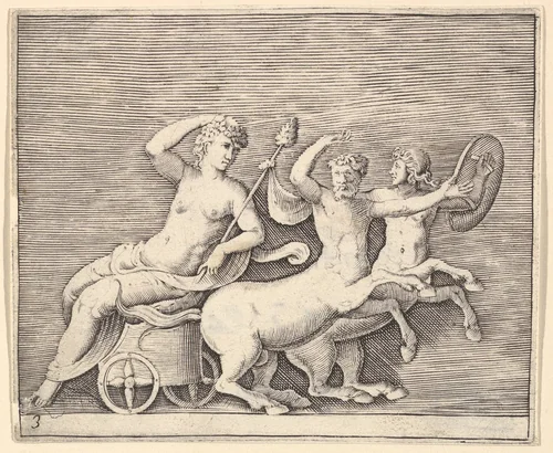 Reclining Female Figure on a Chariot drawn by Two Centaurs, from "Ex Antiquis Cameorum et Gemmae Delineata/ Liber Secundus/et ab Enea Vico Parmen Incis" by anonymous, print, 1599-1622