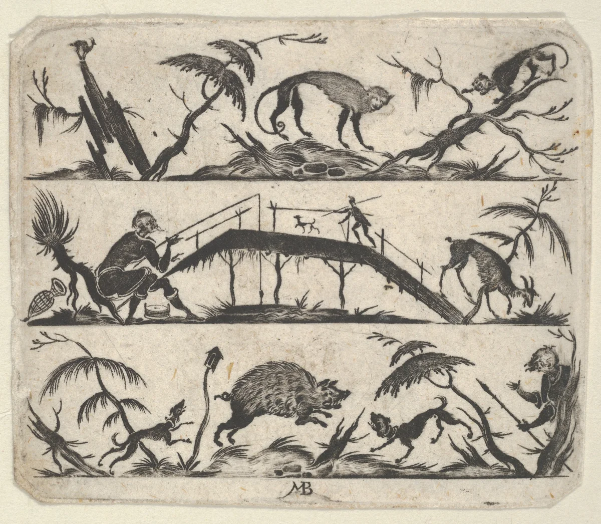 Blackwork Design for Goldsmithwork with a Hunter and a Fisherman by Mathais Beitler, print, 1612