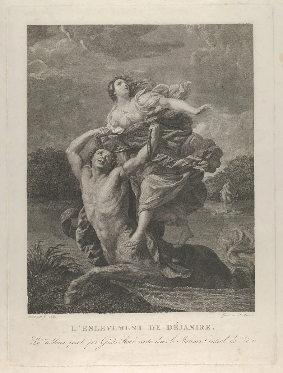 Dejanira being abducted by the centaur Nessos, a man with bow and arrow at right, after Reni by A. Lovison, print, 1800-1840