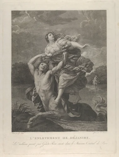 Dejanira being abducted by the centaur Nessos, a man with bow and arrow at right, after Reni by A. Lovison, print, 1800-1840