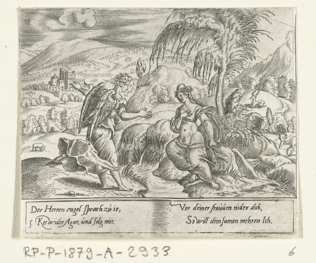 Een engel voert Hagar terug by Cornelis Bos, print, 1555