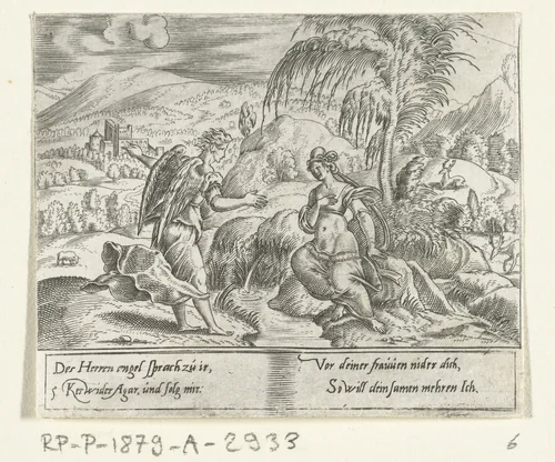 Een engel voert Hagar terug by Cornelis Bos, print, 1555