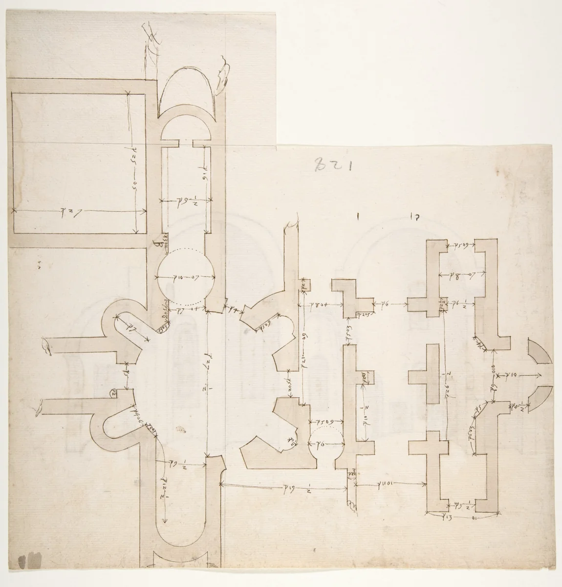 S. Giovanni Laterano, Centocelle, plan (recto) S. Giovanni Laterano, Centocelle, section (verso) by anonymous, drawing, 1500-1560
