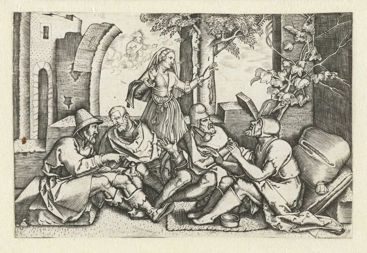 Job in gesprek met zijn vrienden by anonymous, print, 1547-1599