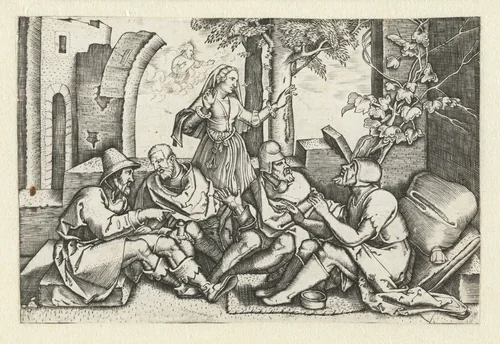 Job in gesprek met zijn vrienden by anonymous, print, 1547-1599