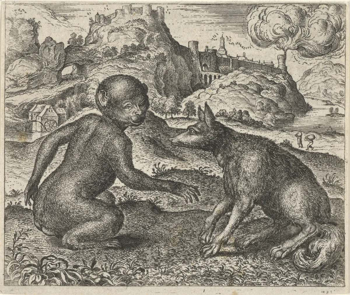 Fabel van de aap en de vos by Aegidius Sadeler, print, 1608