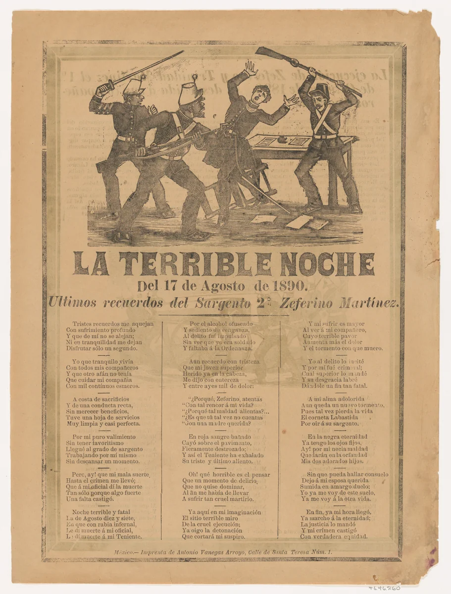 Broadsheet relating to the terrible events of August 17, 1890 when a government official was murdered after drinking, in the bottom section a corrido written by Sergeant Zeferino Martínez who witnessed the event by José Guadalupe Posada, print, 1890