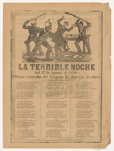 Broadsheet relating to the terrible events of August 17, 1890 when a government official was murdered after drinking, in the bottom section a corrido written by Sergeant Zeferino Martínez who witnessed the event by José Guadalupe Posada, print, 1890