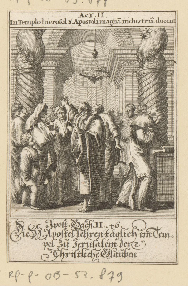 Apostelen onderrichten in de tempel het christelijk geloof by anonymous, print, 1697