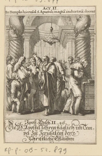 Apostelen onderrichten in de tempel het christelijk geloof by anonymous, print, 1697