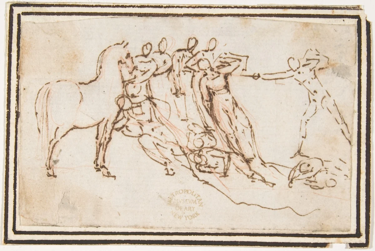 Unidentified Subject (Nine Figures and a Horse) by Francesco Allegrini, drawing, 1624-1663