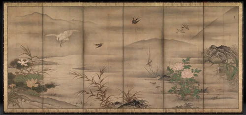 Birds and Flowers in a Landscape of the Four Seasons by Sesshū Tōyō (雪舟等楊), painting, 1550-1599