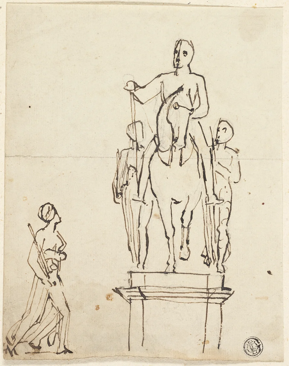Sculpture of Horseman Accompanied by Two Standing Figures, with Sketch of One of Latter by Thomas Stothard, drawing, 1775-1834