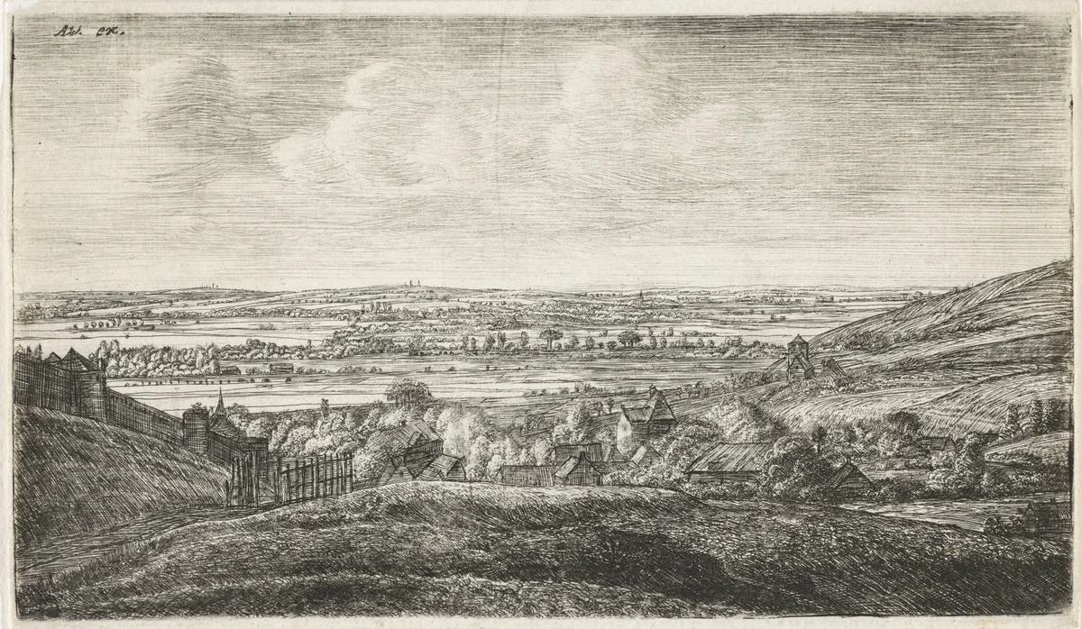 Dorp in een vallei by Jan Ruyscher, print, 1630-1663