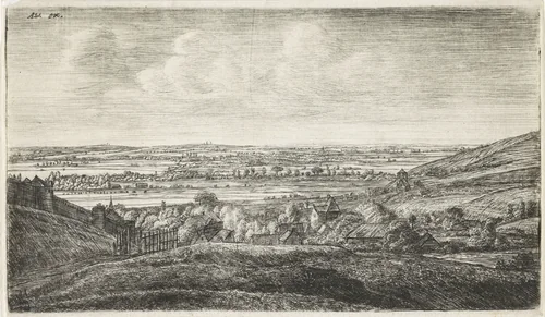 Dorp in een vallei by Jan Ruyscher, print, 1630-1663