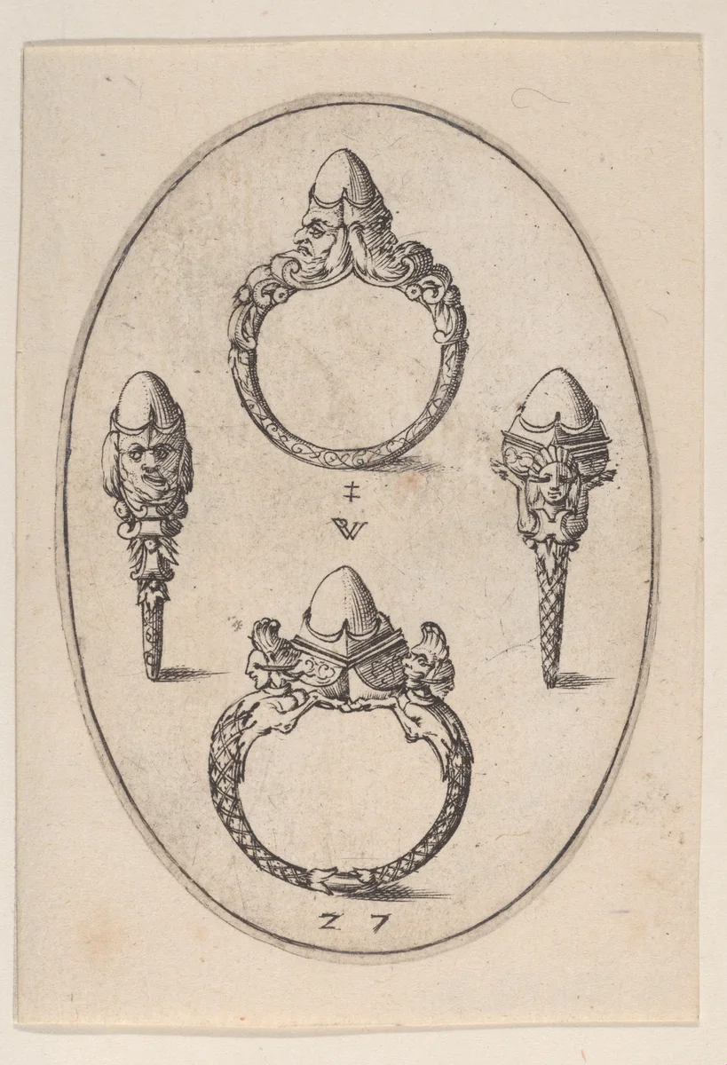 Designs for Four Rings, Plate 27 from 'Livre d'Aneaux d'Orfevrerie' by Pierre Woeiriot, print, 1561